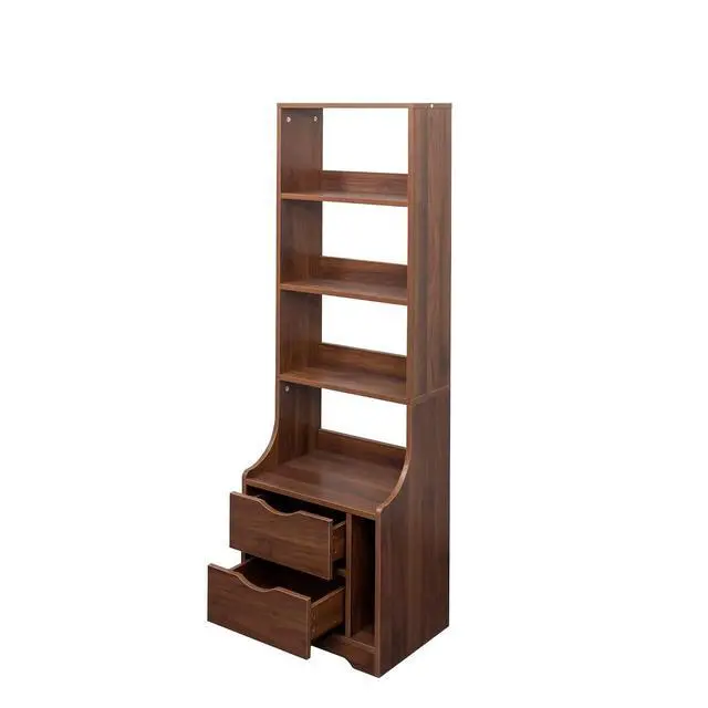 Alt view image 7 of 7 - 58" Tall Nightstand with Bookshelf, Walnut Night Stand with Open Shelves and Storage Drawers, Bedside Storage Cabinet with Magazine Rack, Mid Century Side Table for Bedroom, Dorms, Living Room