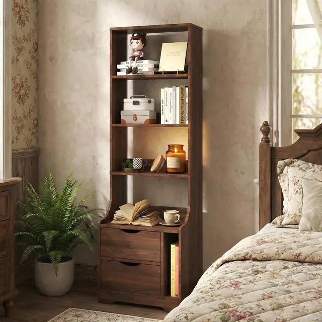 Alt view image 5 of 7 - 58" Tall Nightstand with Bookshelf, Walnut Night Stand with Open Shelves and Storage Drawers, Bedside Storage Cabinet with Magazine Rack, Mid Century Side Table for Bedroom, Dorms, Living Room