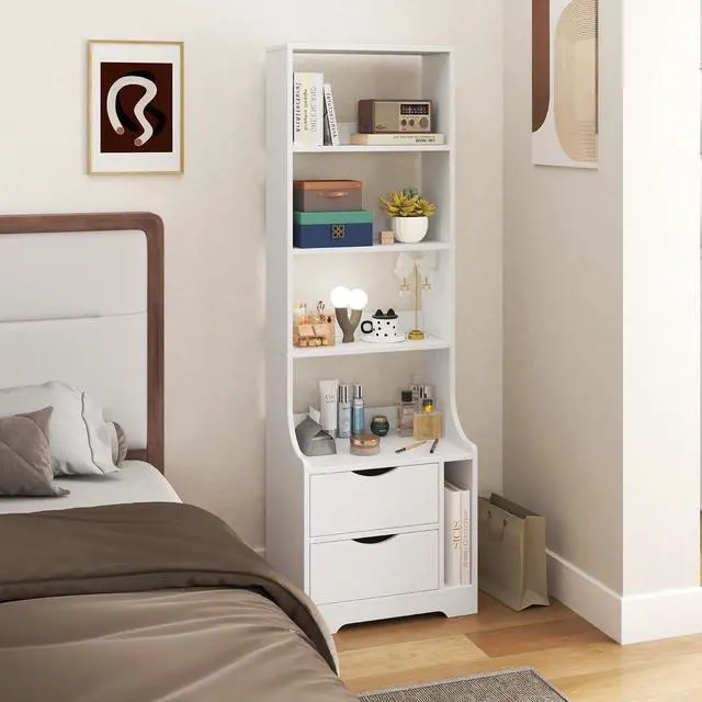 Main image of 58" Tall Nightstand with Bookshelf, Night Stand with 2 Storage Drawers, White Bedside Storage Cabinet with Bookcase, Large Side Table for Bedroom, Dorms, Living Room