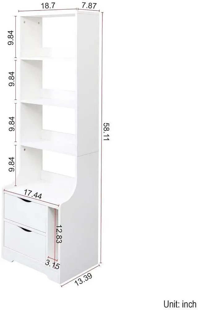 Alt view image 2 of 7 - 58" Tall Nightstand with Bookshelf, Night Stand with 2 Storage Drawers, White Bedside Storage Cabinet with Bookcase, Large Side Table for Bedroom, Dorms, Living Room
