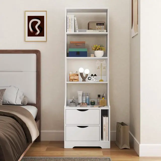 Alt view image 3 of 7 - 58" Tall Nightstand with Bookshelf, Night Stand with 2 Storage Drawers, White Bedside Storage Cabinet with Bookcase, Large Side Table for Bedroom, Dorms, Living Room