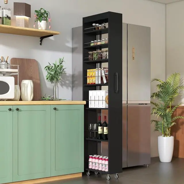 Main image of 7 Tier Slim Storage Cart with Pull-out Open Shelves, Single-sided of Fridge Slim Rolling Storage Cart with Wheels, Pull Out Spice Rack, Narrow Snack Organizer for Kitchen, Living Room, Black