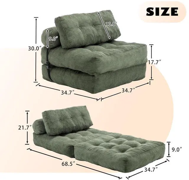 Alt view image 2 of 7 - Floor Lazy Sofa Bed, Convertible Folding Sleeper Chair with Pillow, Foldable Single Sofa Mattress with Back Support, Comfy Pullout Chair Bed Lounger for Living Room Bedroom, Green