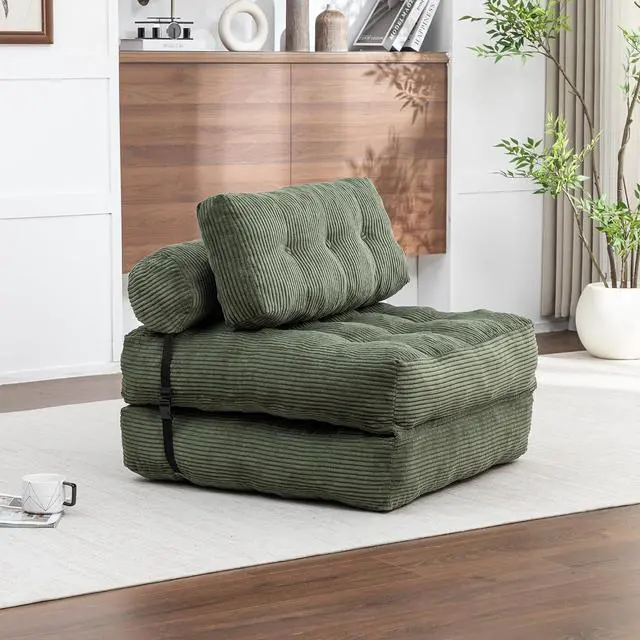 Alt view image 3 of 7 - Floor Lazy Sofa Bed, Convertible Folding Sleeper Chair with Pillow, Foldable Single Sofa Mattress with Back Support, Comfy Pullout Chair Bed Lounger for Living Room Bedroom, Green