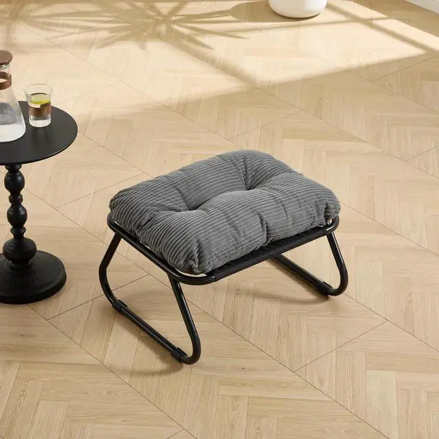 Alt view image 6 of 7 - Outdoor Patio Chair with Foot Stool, Corduroy Armless Accent Lounge Chair with Removable Puffy Cushion, Metal Frame and Footrest for Living Room, Bedroom, Reading Room, Grey