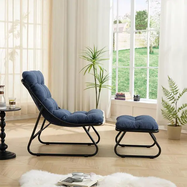 Alt view image 4 of 7 - Outdoor Patio Chair with Foot Stool, Corduroy Armless Accent Lounge Chair with Removable Puffy Cushion, Metal Frame and Footrest for Living Room, Bedroom, Reading Room, Navy Blue