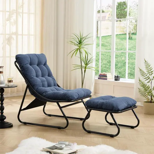 Alt view image 3 of 7 - Outdoor Patio Chair with Foot Stool, Corduroy Armless Accent Lounge Chair with Removable Puffy Cushion, Metal Frame and Footrest for Living Room, Bedroom, Reading Room, Navy Blue