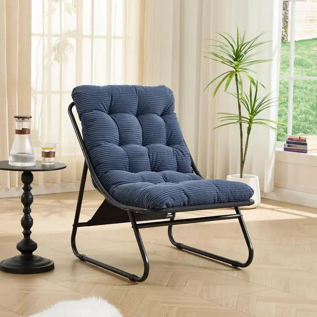 Alt view image 5 of 7 - Outdoor Patio Chair with Foot Stool, Corduroy Armless Accent Lounge Chair with Removable Puffy Cushion, Metal Frame and Footrest for Living Room, Bedroom, Reading Room, Navy Blue