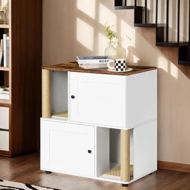 Main image of Double Litter Box Enclouse,Hidden Litter Box Cat Furniture,Cat Litter Cabinet,Litter Box Cabinet with Shelve and Cat Scratching Post,Corner Litter Box Enclosure, Cat House,White+Vintage