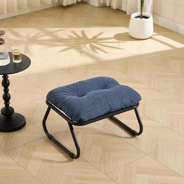 Alt view image 6 of 7 - Outdoor Patio Chair with Foot Stool, Corduroy Armless Accent Lounge Chair with Removable Puffy Cushion, Metal Frame and Footrest for Living Room, Bedroom, Reading Room, Navy Blue