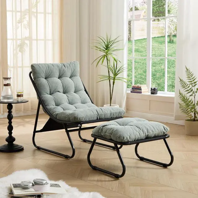 Main image of Outdoor Patio Chair with Foot Stool, Corduroy Armless Accent Lounge Chair with Removable Puffy Cushion, Metal Frame and Footrest for Living Room, Bedroom, Reading Room, Light Green