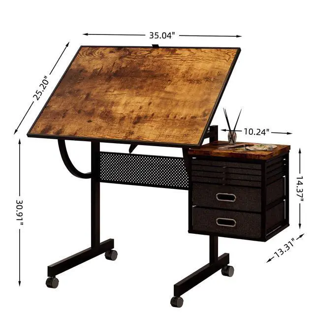 Alt view image 2 of 7 - 2 in 1 Puzzle Table Double-Sided with Wheels, Adjustable Drafting Desk with Drawers, Felt Storage Trays,, Art Table with 75° Tilted Tabletop, Painting Work Station for Home Office, Crafting, Brown