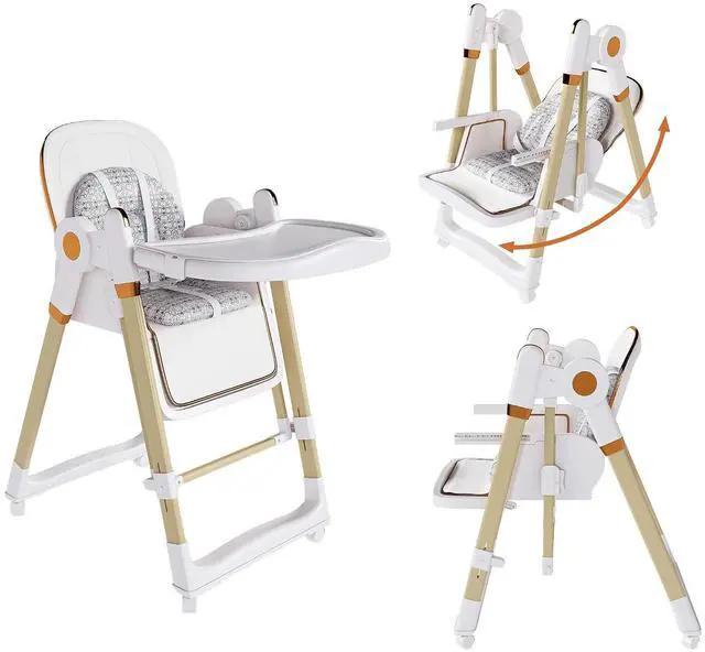 Main image of 2 in 1 Baby High Chair to Rocker, Foldable Toddler Feeding Chair with 5-Point Harness, Portable Baby Seat with 2-Tier Removable Tray, Slient Locking Wheels, Adjustable Backrest, for 6M-3Yrs, White