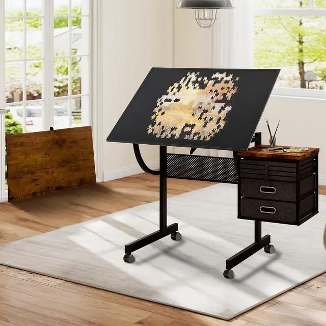Alt view image 3 of 7 - 2 in 1 Puzzle Table Double-Sided with Wheels, Adjustable Drafting Desk with Drawers, Felt Storage Trays,, Art Table with 75° Tilted Tabletop, Painting Work Station for Home Office, Crafting, Brown
