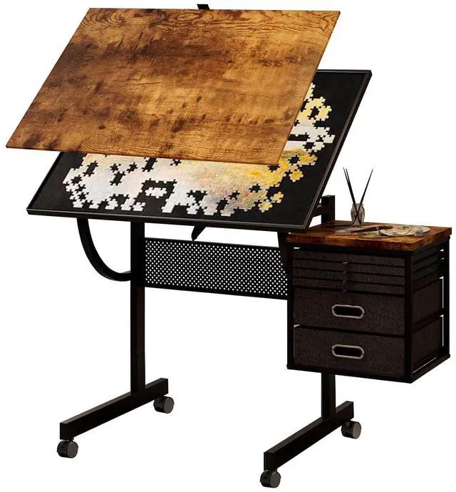 Alt view image 7 of 7 - 2 in 1 Puzzle Table Double-Sided with Wheels, Adjustable Drafting Desk with Drawers, Felt Storage Trays,, Art Table with 75° Tilted Tabletop, Painting Work Station for Home Office, Crafting, Brown