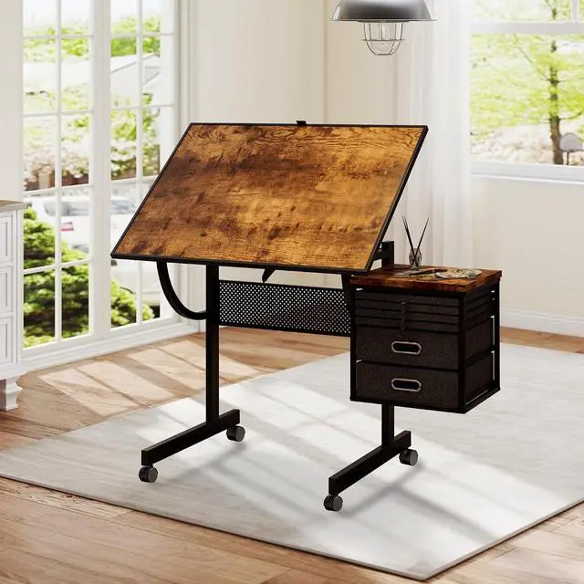 Alt view image 6 of 7 - 2 in 1 Puzzle Table Double-Sided with Wheels, Adjustable Drafting Desk with Drawers, Felt Storage Trays,, Art Table with 75° Tilted Tabletop, Painting Work Station for Home Office, Crafting, Brown