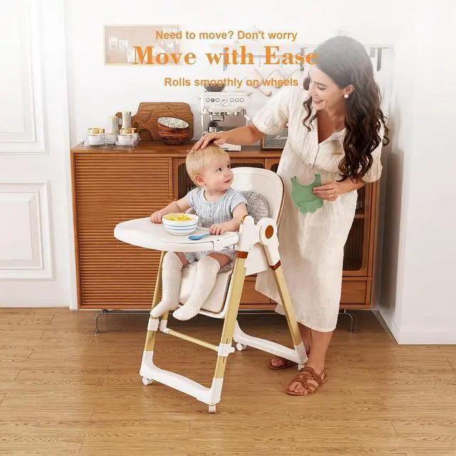 Alt view image 3 of 7 - 2 in 1 Baby High Chair to Rocker, Foldable Toddler Feeding Chair with 5-Point Harness, Portable Baby Seat with 2-Tier Removable Tray, Slient Locking Wheels, Adjustable Backrest, for 6M-3Yrs, White