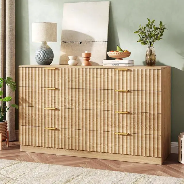Alt view image 3 of 7 - 47.2" Wide Fluted 8 Drawer Dresser for Bedroom, Natural | Modern Dresser for Closet with Metal Handle, Wooden Chest of Drawers for Bedroom, Living Room, Hallway