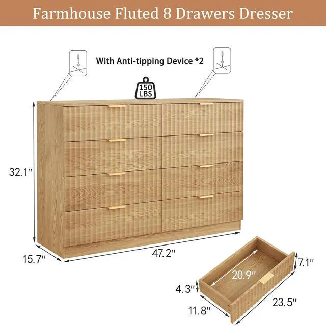 Alt view image 2 of 7 - 47.2" Wide Fluted 8 Drawer Dresser for Bedroom, Natural | Modern Dresser for Closet with Metal Handle, Wooden Chest of Drawers for Bedroom, Living Room, Hallway