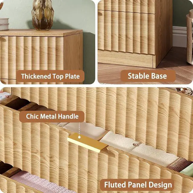 Alt view image 4 of 7 - 47.2" Wide Fluted 8 Drawer Dresser for Bedroom, Natural | Modern Dresser for Closet with Metal Handle, Wooden Chest of Drawers for Bedroom, Living Room, Hallway