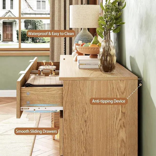 Alt view image 5 of 7 - 47.2" Wide Fluted 8 Drawer Dresser for Bedroom, Natural | Modern Dresser for Closet with Metal Handle, Wooden Chest of Drawers for Bedroom, Living Room, Hallway