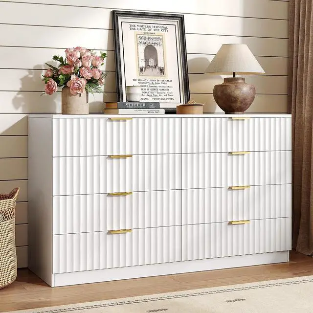 Main image of 47.2" Wide Fluted 8 Drawer Dresser for Bedroom, White | Modern Dresser for Closet with Metal Handle, Wooden Chest of Drawers for Bedroom, Living Room, Hallway