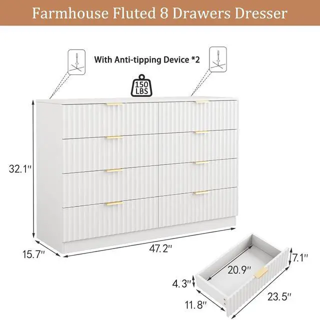 Alt view image 2 of 7 - 47.2" Wide Fluted 8 Drawer Dresser for Bedroom, White | Modern Dresser for Closet with Metal Handle, Wooden Chest of Drawers for Bedroom, Living Room, Hallway
