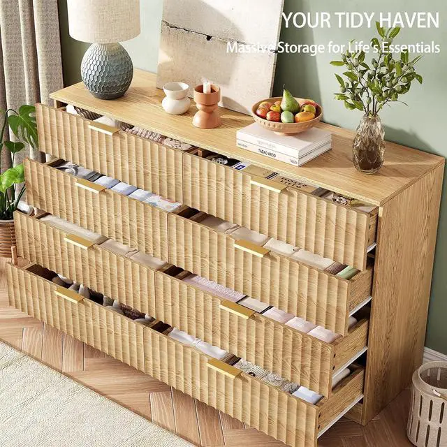 Alt view image 6 of 7 - 47.2" Wide Fluted 8 Drawer Dresser for Bedroom, Natural | Modern Dresser for Closet with Metal Handle, Wooden Chest of Drawers for Bedroom, Living Room, Hallway