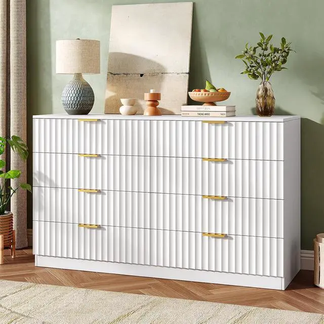 Alt view image 3 of 7 - 47.2" Wide Fluted 8 Drawer Dresser for Bedroom, White | Modern Dresser for Closet with Metal Handle, Wooden Chest of Drawers for Bedroom, Living Room, Hallway