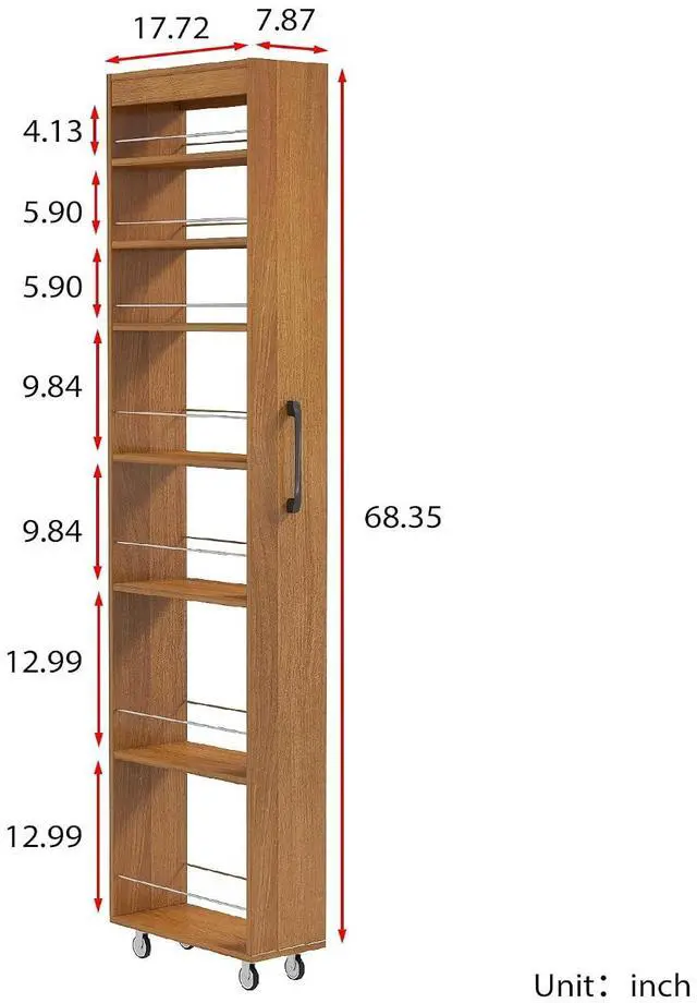 Alt view image 3 of 7 - 7 Tier Slim Storage Cart with Pull-Out Open Shelves, Single-Sided of Fridge Slim Rolling Storage Cart with Wheels, Pull Out Spice Rack, Narrow Snack Organizer for Kitchen, Living Room, Oak
