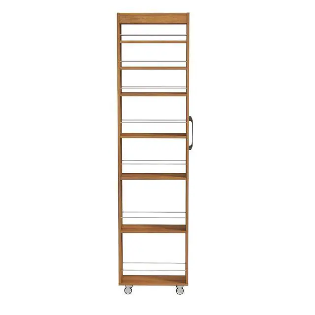 Alt view image 4 of 7 - 7 Tier Slim Storage Cart with Pull-Out Open Shelves, Single-Sided of Fridge Slim Rolling Storage Cart with Wheels, Pull Out Spice Rack, Narrow Snack Organizer for Kitchen, Living Room, Oak
