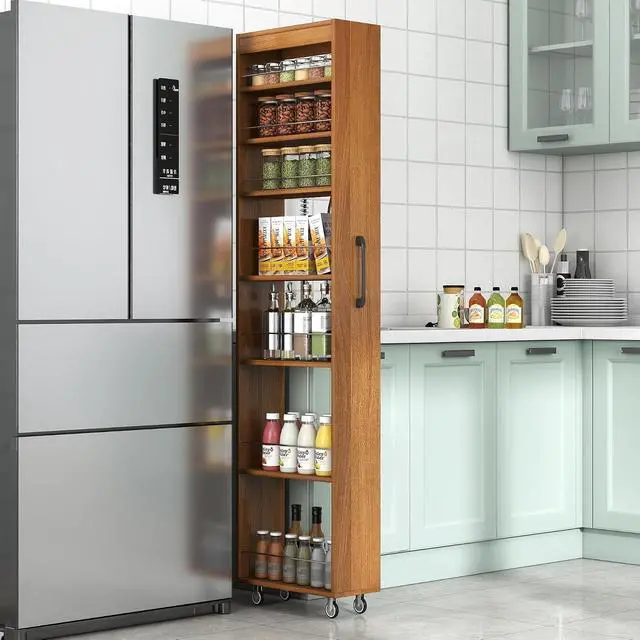 Alt view image 2 of 7 - 7 Tier Slim Storage Cart with Pull-Out Open Shelves, Single-Sided of Fridge Slim Rolling Storage Cart with Wheels, Pull Out Spice Rack, Narrow Snack Organizer for Kitchen, Living Room, Oak