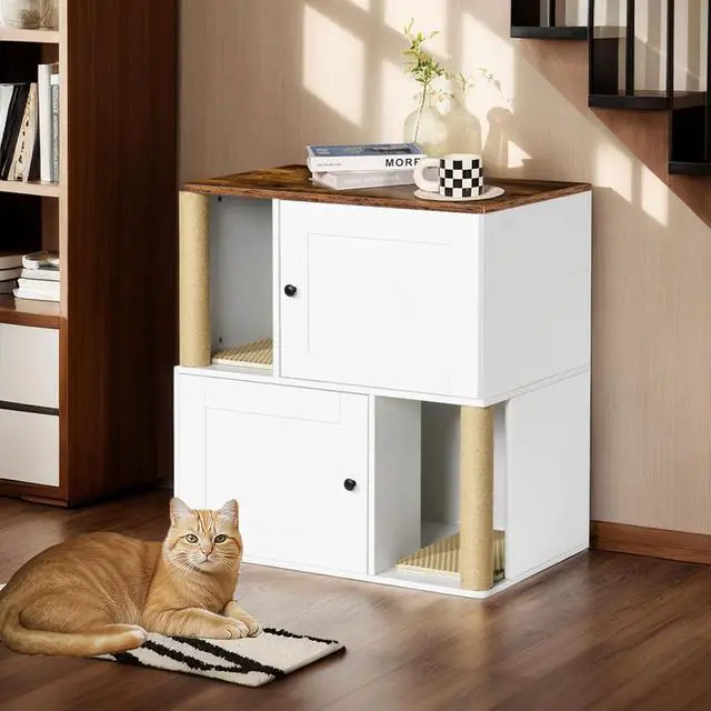 Alt view image 3 of 7 - Double Litter Box Enclouse,Hidden Litter Box Cat Furniture,Cat Litter Cabinet,Litter Box Cabinet with Shelve and Cat Scratching Post,Corner Litter Box Enclosure, Cat House,White+Vintage