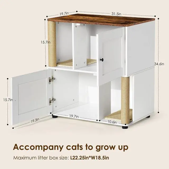 Alt view image 2 of 7 - Double Litter Box Enclouse,Hidden Litter Box Cat Furniture,Cat Litter Cabinet,Litter Box Cabinet with Shelve and Cat Scratching Post,Corner Litter Box Enclosure, Cat House,White+Vintage