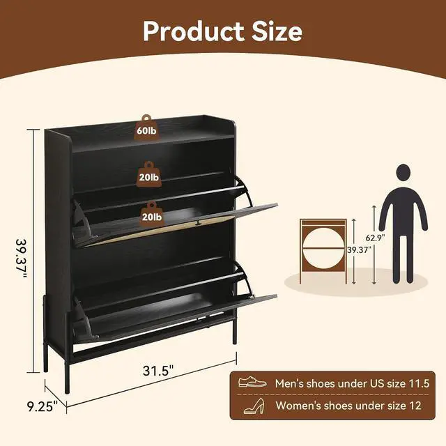 Alt view image 2 of 7 - Narrow Shoe Cabinet with 2 Flip-Down Drawers, Space-Saving Rattan Door Shoe Rack with Bottom Storage Area, Freestanding Wooden Shoe Storage Organizer for Entryway, Hallway, Foyer, Living Room, Black