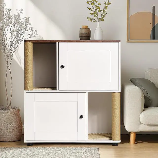 Alt view image 4 of 7 - Double Litter Box Enclouse,Hidden Litter Box Cat Furniture,Cat Litter Cabinet,Litter Box Cabinet with Shelve and Cat Scratching Post,Corner Litter Box Enclosure, Cat House,White+Vintage