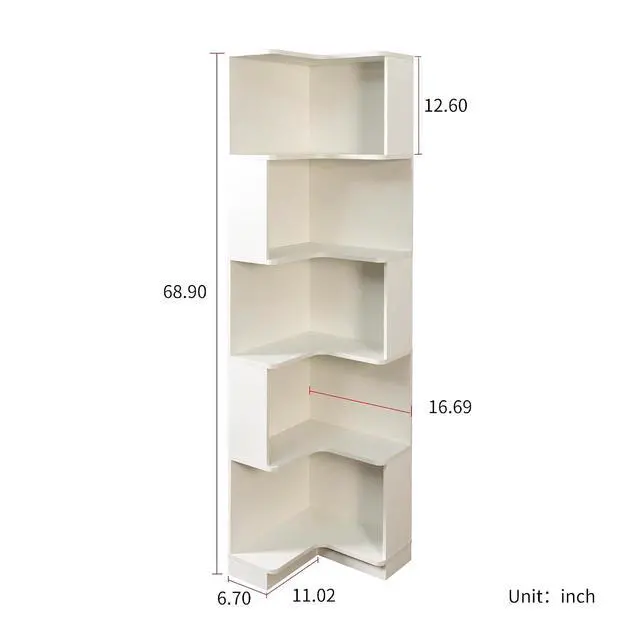 Alt view image 2 of 7 - 5 Tier Corner Bookshelf with LED Lights, L Shaped Wooden Book Shelves with Baffle, Round Edge Freestanding Tall Bookcase, Display Shelf Storage Stand for Living Room, Bedroom, Kitchen, Office, White