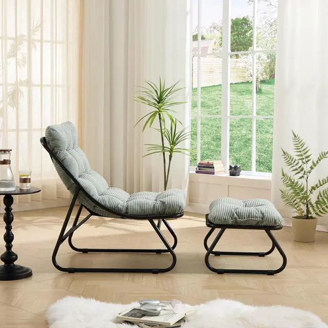 Alt view image 4 of 7 - Outdoor Patio Chair with Foot Stool, Corduroy Armless Accent Lounge Chair with Removable Puffy Cushion, Metal Frame and Footrest for Living Room, Bedroom, Reading Room, Light Green