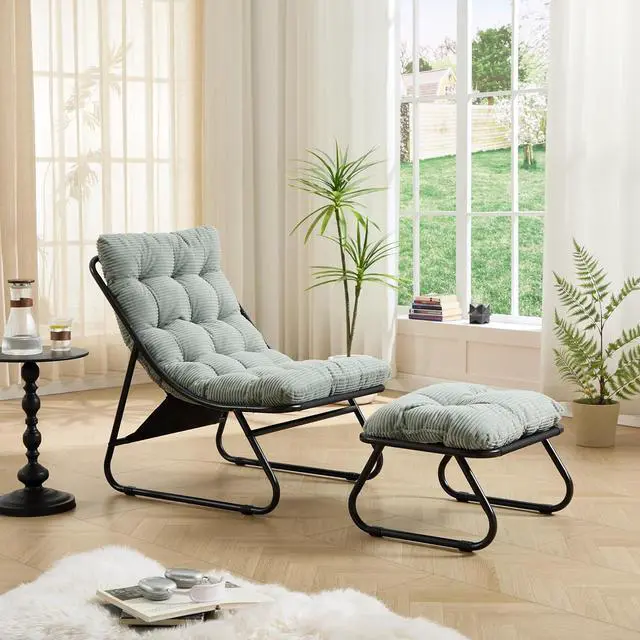 Alt view image 3 of 7 - Outdoor Patio Chair with Foot Stool, Corduroy Armless Accent Lounge Chair with Removable Puffy Cushion, Metal Frame and Footrest for Living Room, Bedroom, Reading Room, Light Green