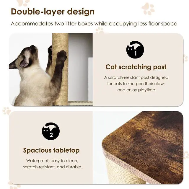 Alt view image 5 of 7 - Double Litter Box Enclouse,Hidden Litter Box Cat Furniture,Cat Litter Cabinet,Litter Box Cabinet with Shelve and Cat Scratching Post,Corner Litter Box Enclosure, Cat House,White+Vintage