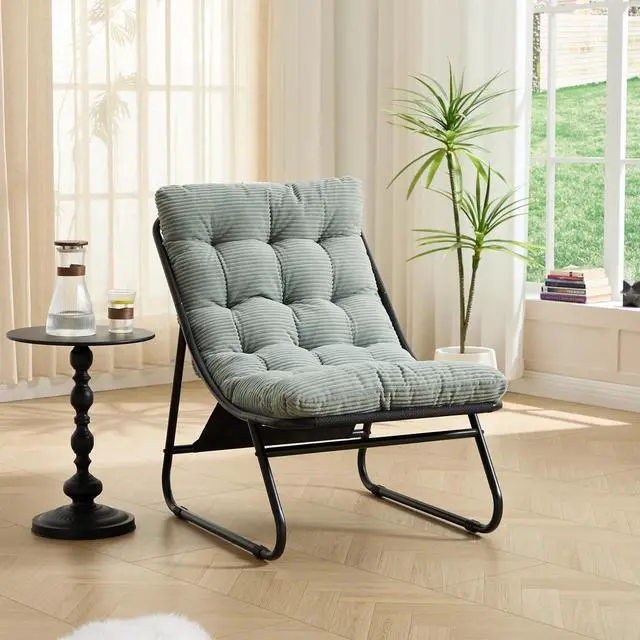Alt view image 5 of 7 - Outdoor Patio Chair with Foot Stool, Corduroy Armless Accent Lounge Chair with Removable Puffy Cushion, Metal Frame and Footrest for Living Room, Bedroom, Reading Room, Light Green