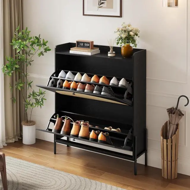Alt view image 3 of 7 - Narrow Shoe Cabinet with 2 Flip-Down Drawers, Space-Saving Rattan Door Shoe Rack with Bottom Storage Area, Freestanding Wooden Shoe Storage Organizer for Entryway, Hallway, Foyer, Living Room, Black
