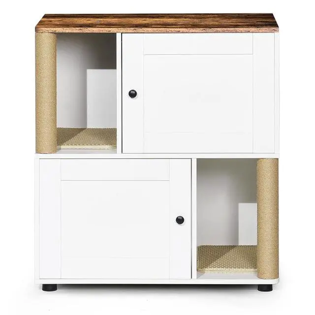 Alt view image 7 of 7 - Double Litter Box Enclouse,Hidden Litter Box Cat Furniture,Cat Litter Cabinet,Litter Box Cabinet with Shelve and Cat Scratching Post,Corner Litter Box Enclosure, Cat House,White+Vintage
