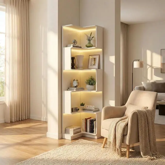 Main image of 5 Tier Corner Bookshelf with LED Lights, L Shaped Wooden Book Shelves with Baffle, Round Edge Freestanding Tall Bookcase, Display Shelf Storage Stand for Living Room, Bedroom, Kitchen, Office, White