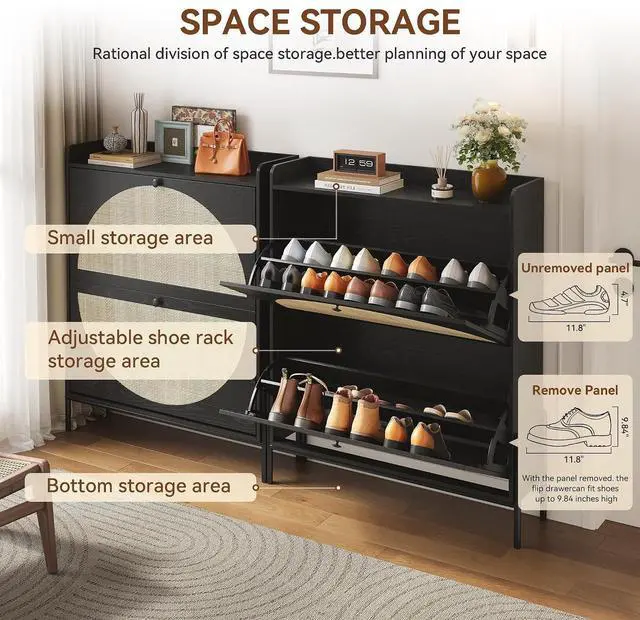 Alt view image 4 of 7 - Narrow Shoe Cabinet with 2 Flip-Down Drawers, Space-Saving Rattan Door Shoe Rack with Bottom Storage Area, Freestanding Wooden Shoe Storage Organizer for Entryway, Hallway, Foyer, Living Room, Black