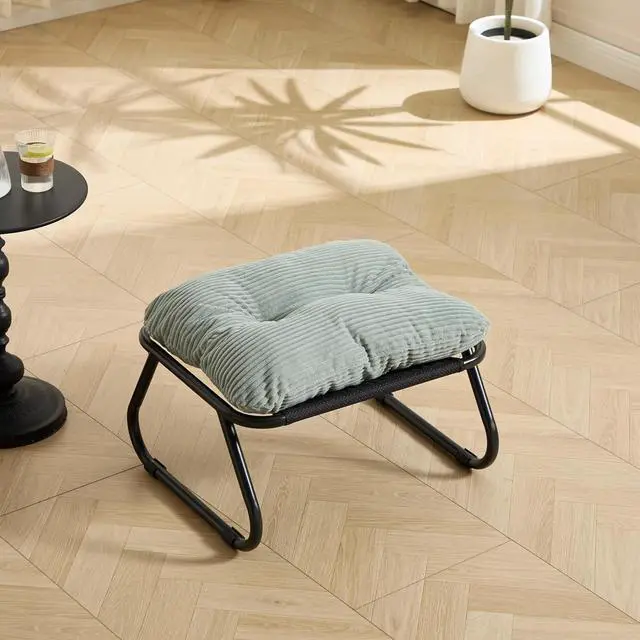 Alt view image 6 of 7 - Outdoor Patio Chair with Foot Stool, Corduroy Armless Accent Lounge Chair with Removable Puffy Cushion, Metal Frame and Footrest for Living Room, Bedroom, Reading Room, Light Green