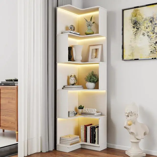 Alt view image 4 of 7 - 5 Tier Corner Bookshelf with LED Lights, L Shaped Wooden Book Shelves with Baffle, Round Edge Freestanding Tall Bookcase, Display Shelf Storage Stand for Living Room, Bedroom, Kitchen, Office, White