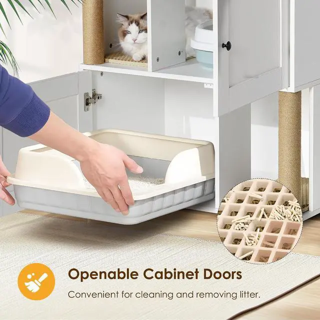 Alt view image 6 of 7 - Double Litter Box Enclouse,Hidden Litter Box Cat Furniture,Cat Litter Cabinet,Litter Box Cabinet with Shelve and Cat Scratching Post,Corner Litter Box Enclosure, Cat House,White+Vintage