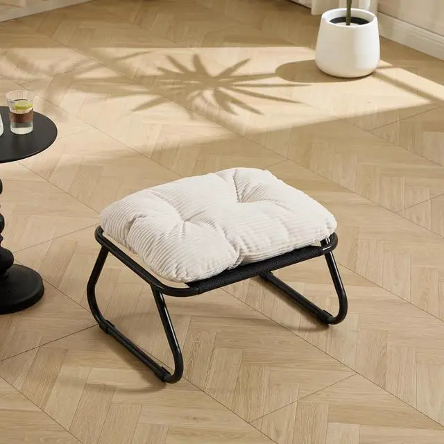 Alt view image 5 of 7 - Outdoor Patio Chair with Foot Stool, Corduroy Armless Accent Lounge Chair with Removable Puffy Cushion, Metal Frame and Footrest for Living Room, Bedroom, Reading Room, White