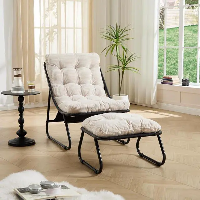 Main image of Outdoor Patio Chair with Foot Stool, Corduroy Armless Accent Lounge Chair with Removable Puffy Cushion, Metal Frame and Footrest for Living Room, Bedroom, Reading Room, White